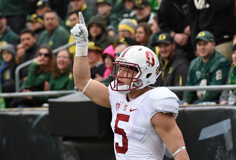 EUGENE, OR - NOVEMBER 12: Running back Christian McCaffrey #5 of the Stanford Cardinal...