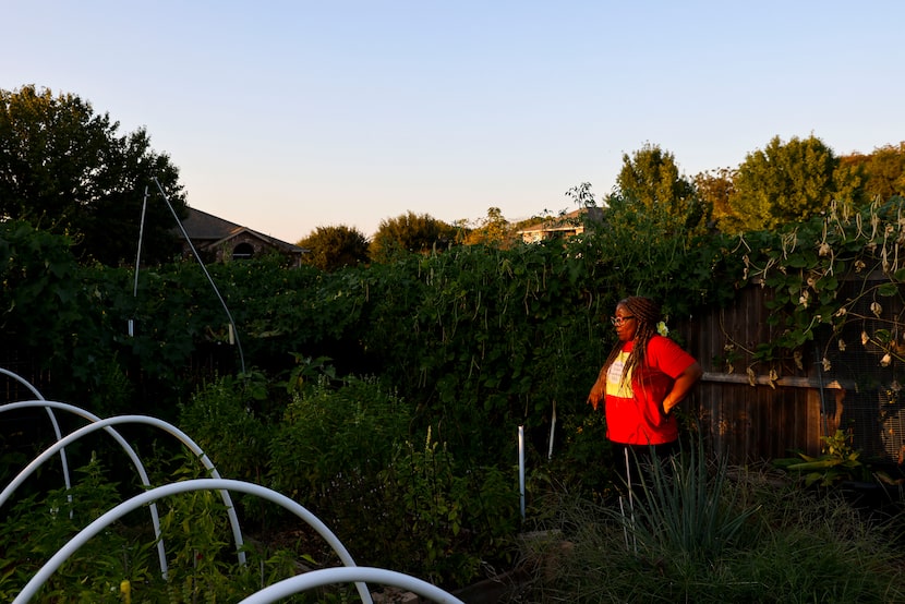 Veronica Petty, a Lancaster-based farmer and master gardener, pauses between clearing out...