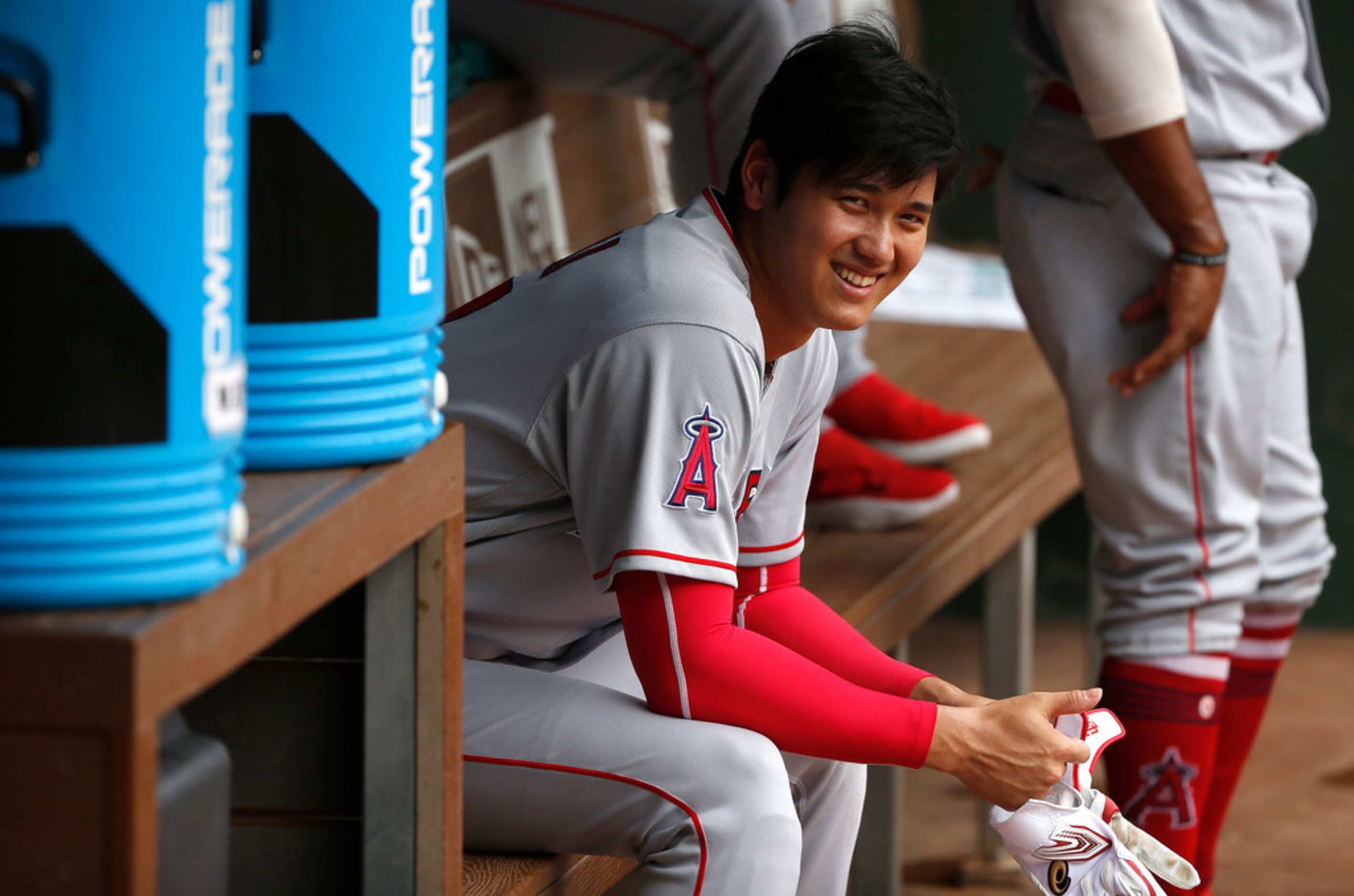 ARLINGTON, TX - AUGUST 19:  Shohei Ohtani #17 of the Los Angeles Angels of Anaheim waits in...