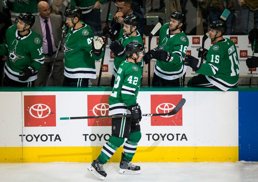 Dallas Stars defenseman Taylor Fedun (42) celebrates after scoring a goal during the third...