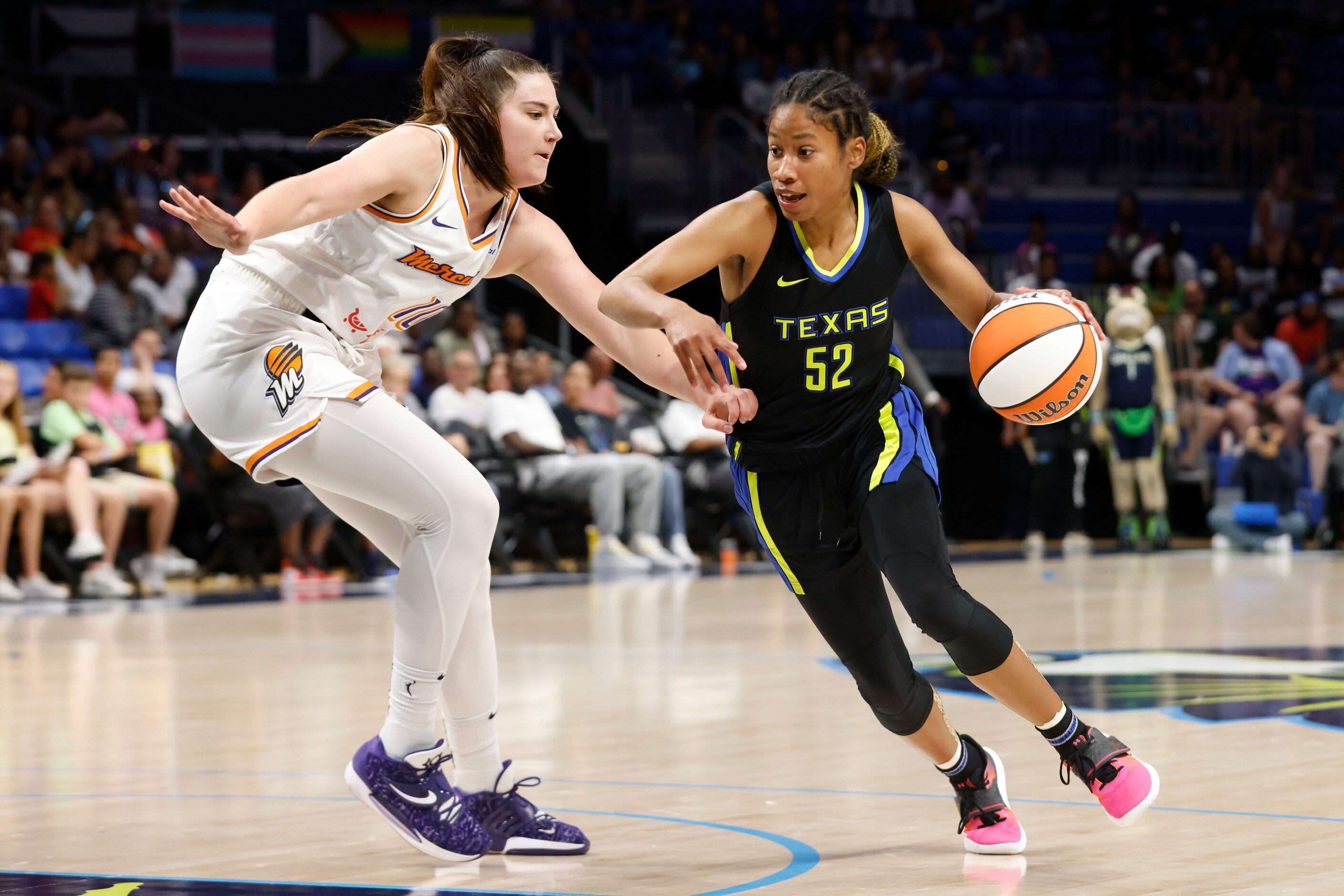 during the first half of a WNBA basketball game in Arlington, Texas on Saturday, July 25,...