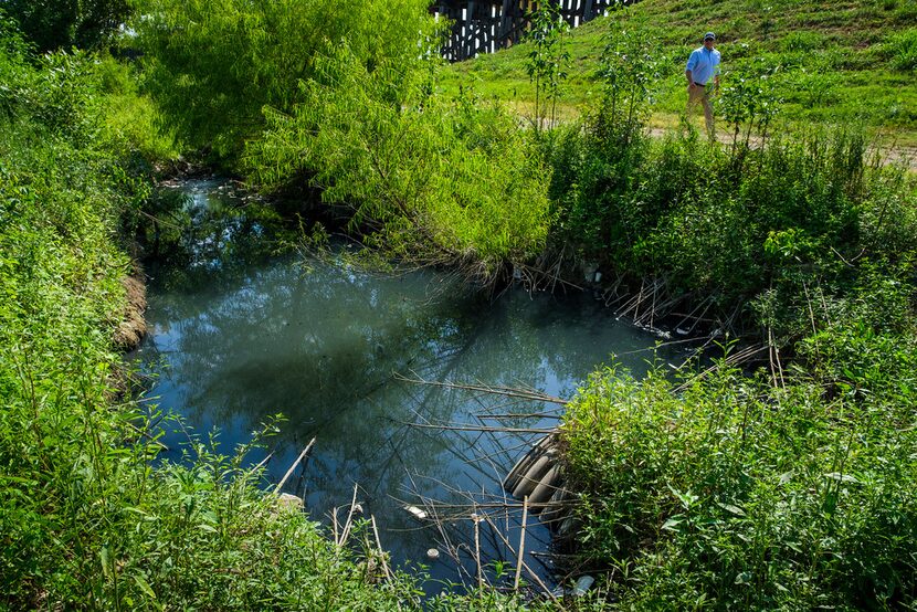 Ben Sandifer walks past a culvert of gray, putrid water where an illicit discharge flows...