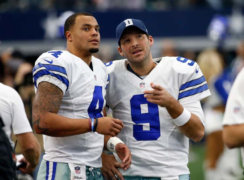 FILE - In a Sunday, Nov. 20, 2016 file photo, Dallas Cowboys' Dak Prescott (4) and Tony Romo...