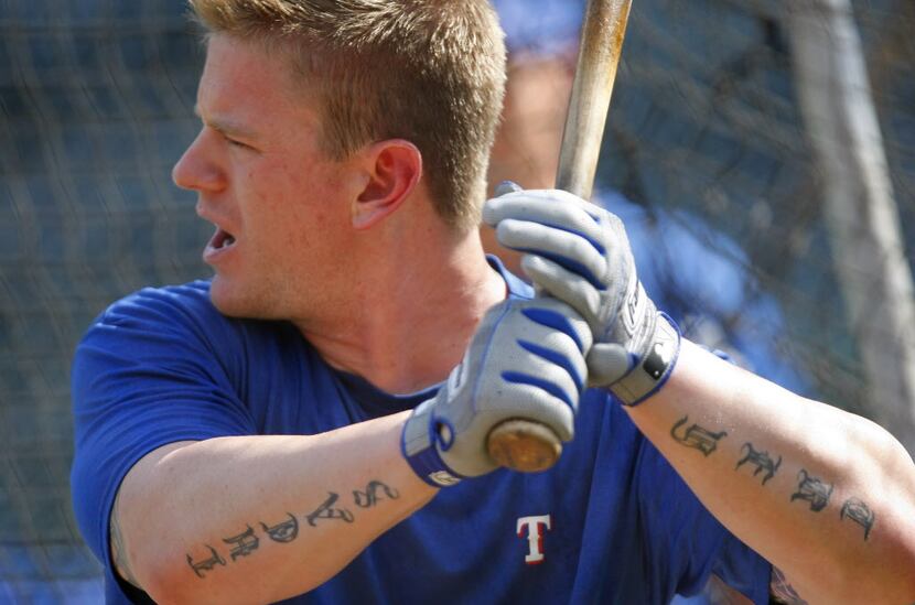 Rangers first baseman Hank Blalock sported sporadic tattoos around his body during his years...