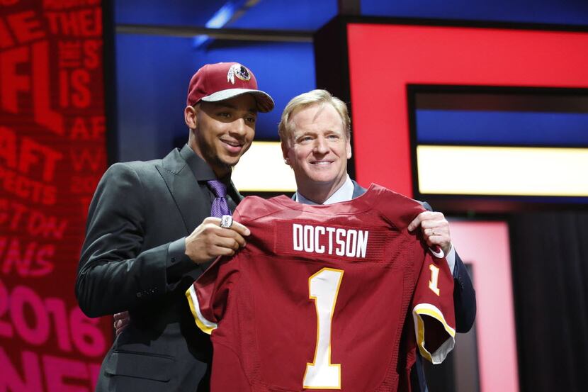 Apr 28, 2016; Chicago, IL, USA; Josh Doctson (TCU) with NFL commissioner Roger Goodell after...