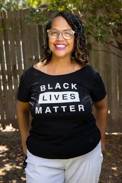 Cheryl Jackson, 51, poses in her backyard. Her 17-year-old son, a senior in Richardson ISD,...