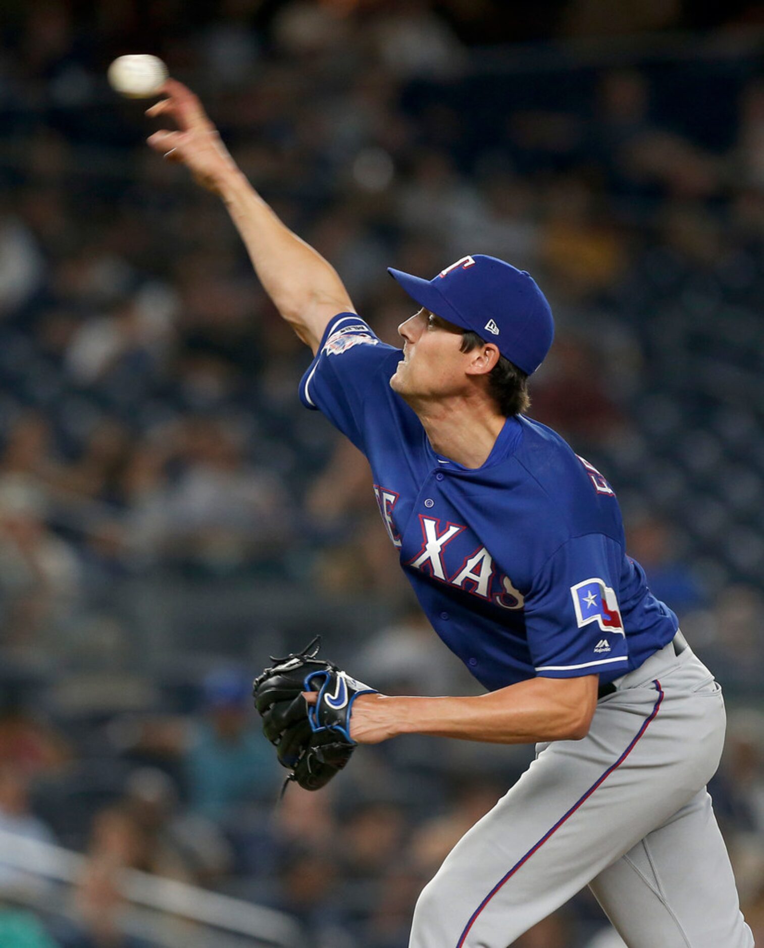 NEW YORK, NEW YORK - SEPTEMBER 04:   Luke Farrell #60 of the Texas Rangers pitches during...