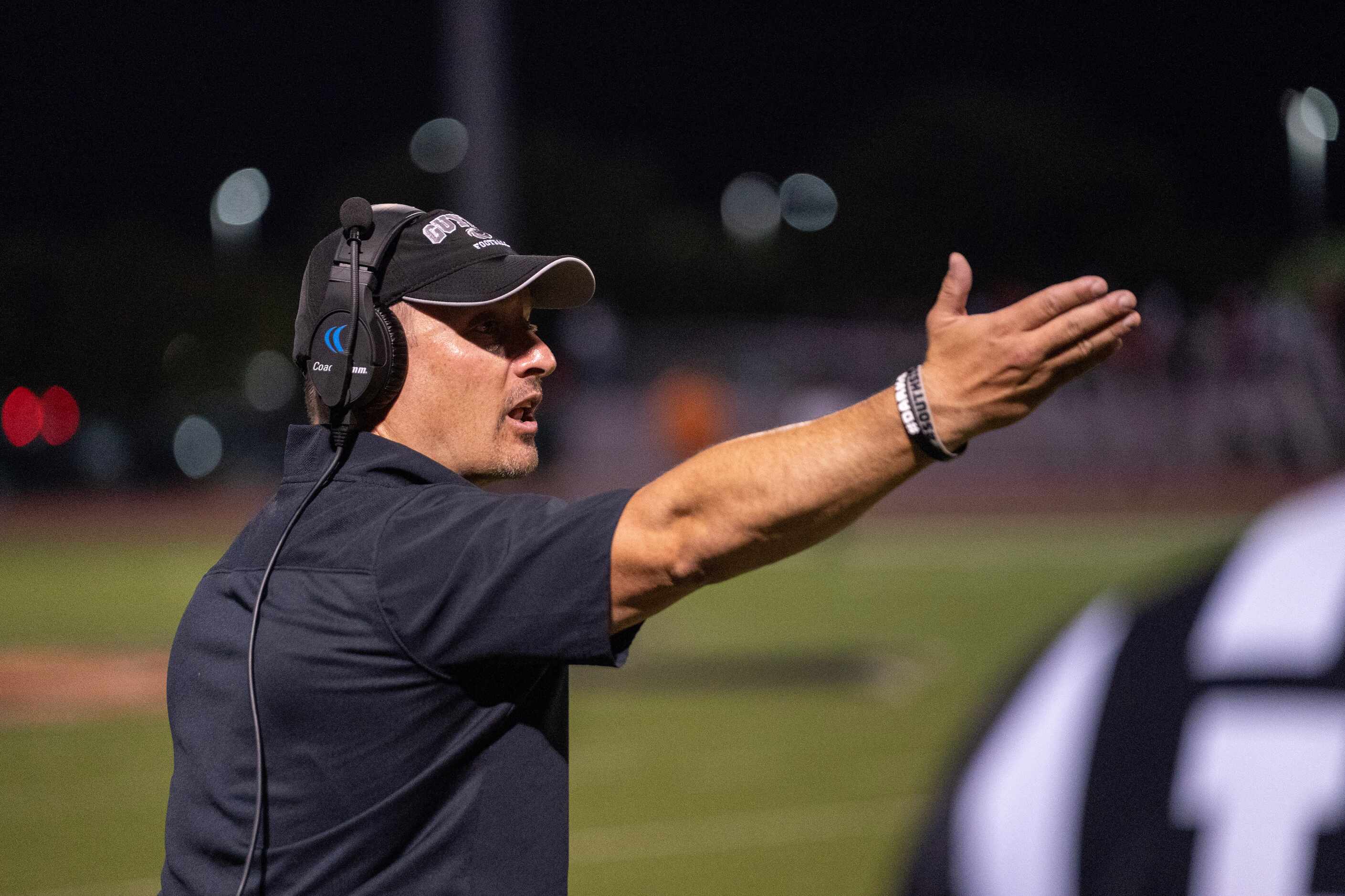 Denton Guyer head coach Reed Heim argues a call during the second half of a high school...