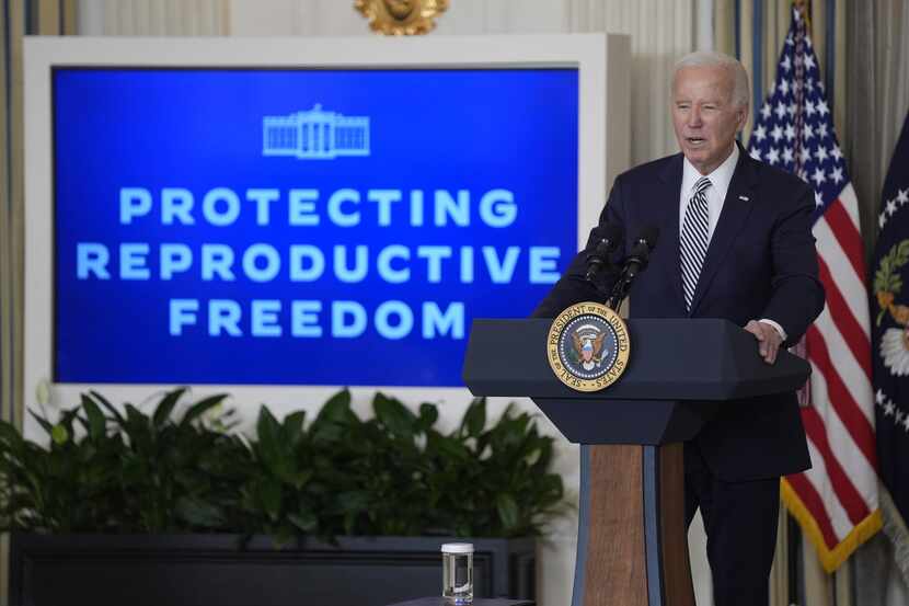 President Joe Biden speaks during a meeting with his reproductive rights task force to mark...