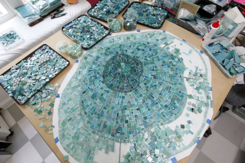 A mosaic in progress by mosaic artist Sonia King at her home studio in Dallas on May 8,...