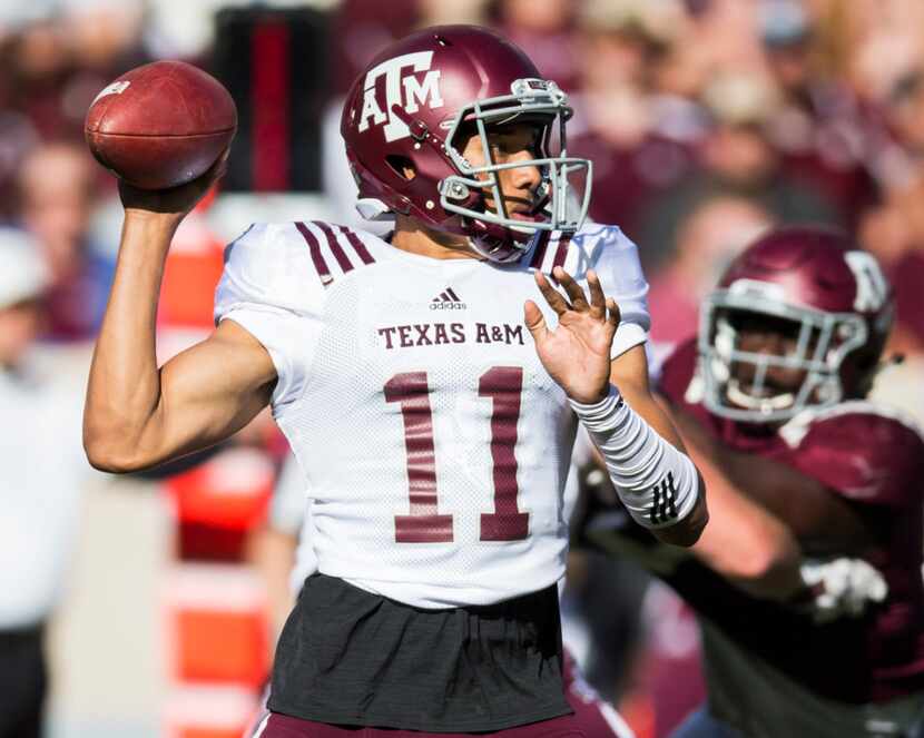 Texas A&M Aggies quarterback Kellen Mond (11) throws a pass during a Texas A&M University...