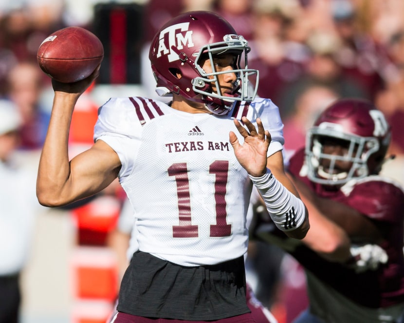 Texas A&M Aggies quarterback Kellen Mond (11) throws a pass during a Texas A&M University...