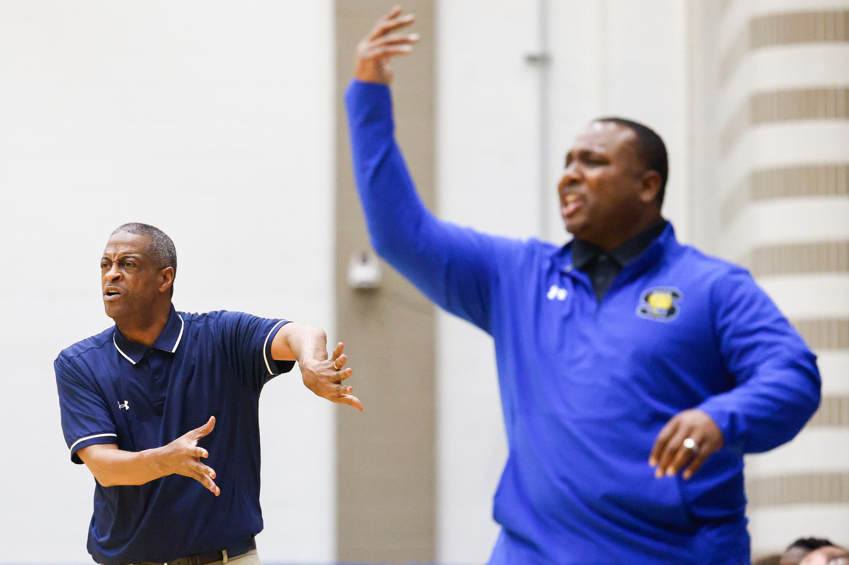 Denton Ryan Head Coach LaHaria Bernard (left) and Mansfield Summit head coach Emund Prichett...