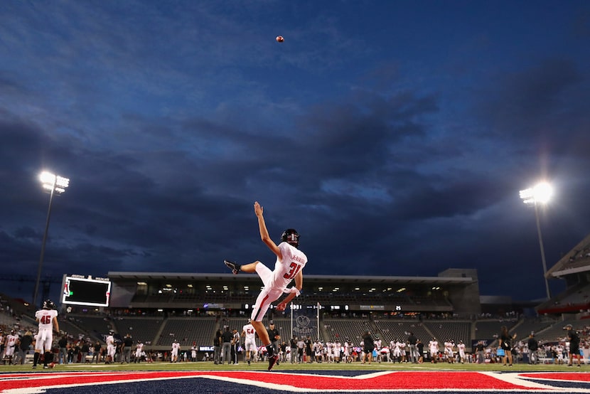 TUCSON, ARIZONA - SEPTEMBER 14:  Place kicker Austin McNamara #31 of the Texas Tech Red...