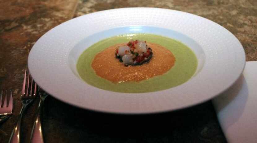 Poblano-asiago soup with smoked tomato foam and sea scallop salpicon at Stephan Pyles in 2006 