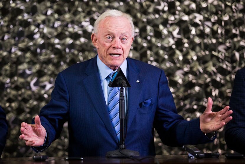 Dallas Cowboys Owner Jerry Jones speaks at a press conference after making their first round...