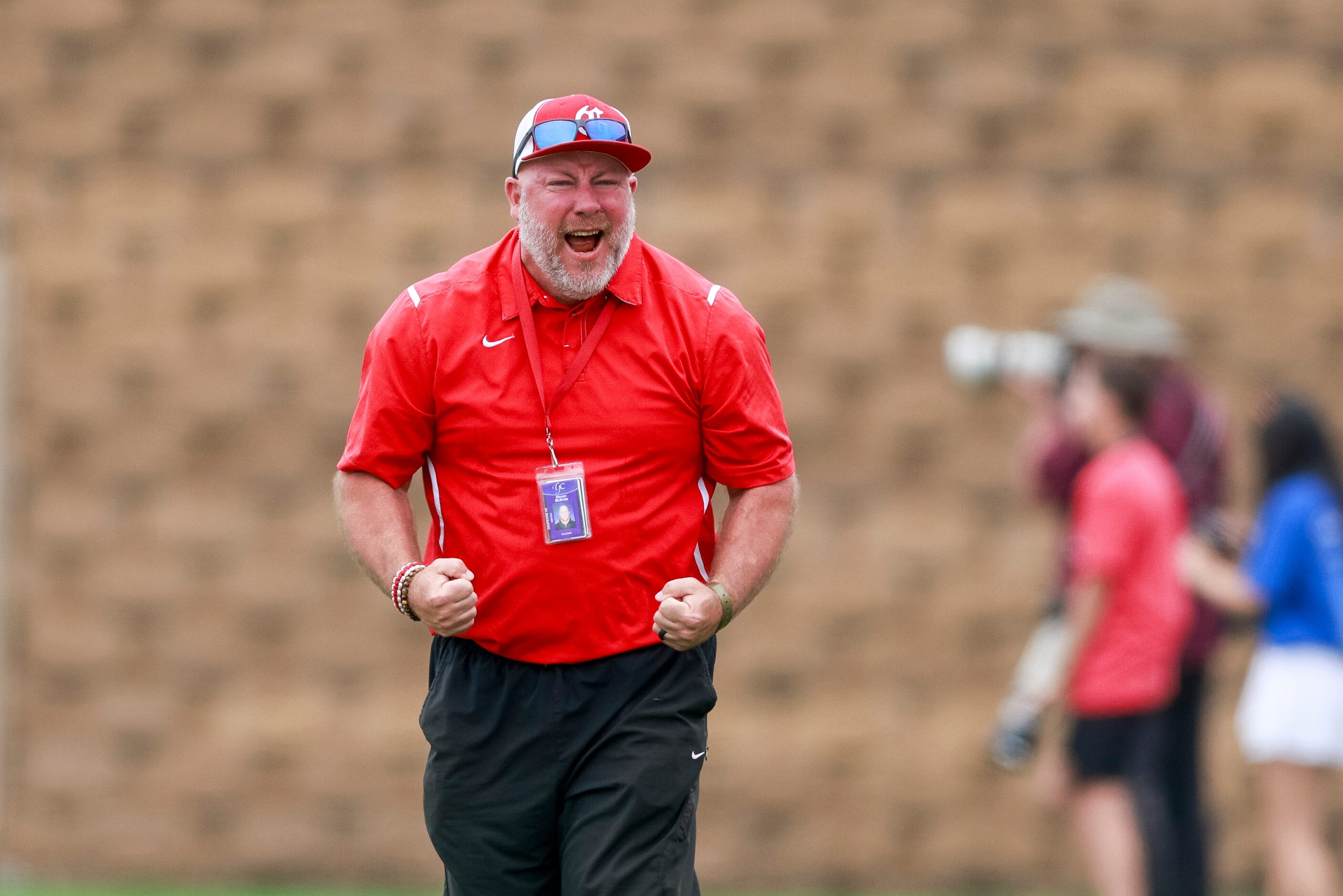 Grapevine head coach Steve McBride celebrates after a goal during the second half of the...