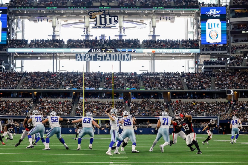 Dallas Cowboys quarterback Cooper Rush (10) throws a pass during the second half of an NFL...