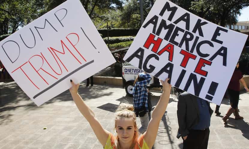 Brittany Fee  protested  outside the Fort Worth Convention Center on Friday, where Donald...