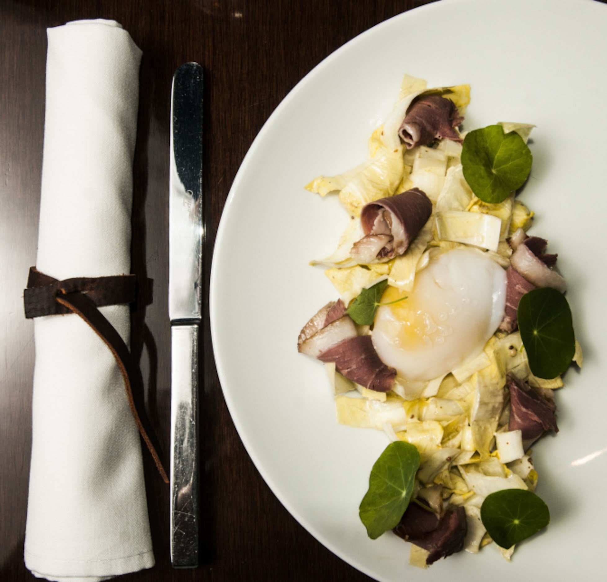 FT33's salad of duck ham, Belgian endives, potatoes, nasturtium leaves and a duck egg