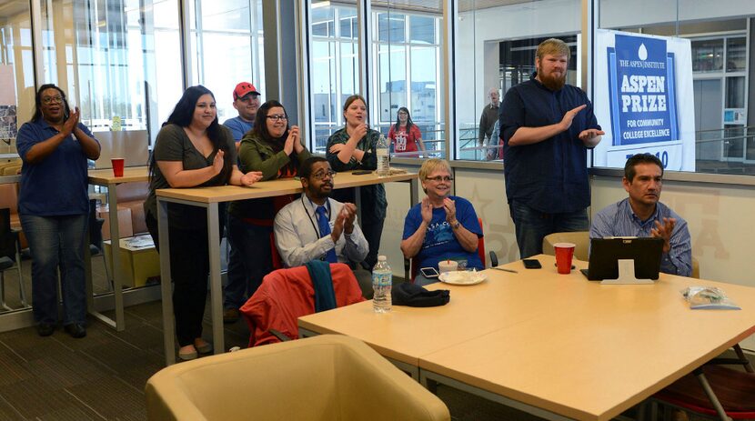 Students, faculty and staff gather to watch a live stream of the Aspen Prize presentation...