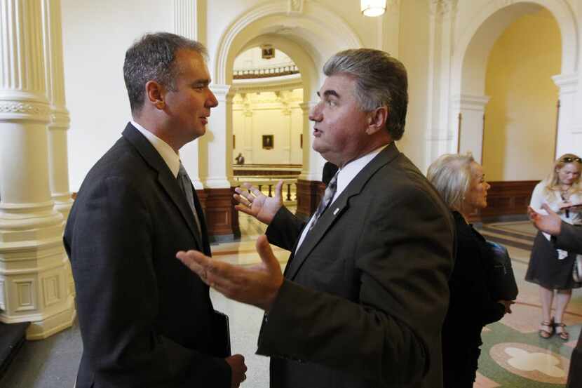 Tax lobbyist Michael Quinn Sullivan (left) talks to Rep. Allen Fletcher, R-Houston, at the...