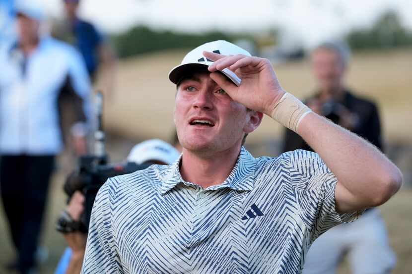 Nick Dunlap reacts after finishing on the 18th hole of the Pete Dye Stadium Course during...