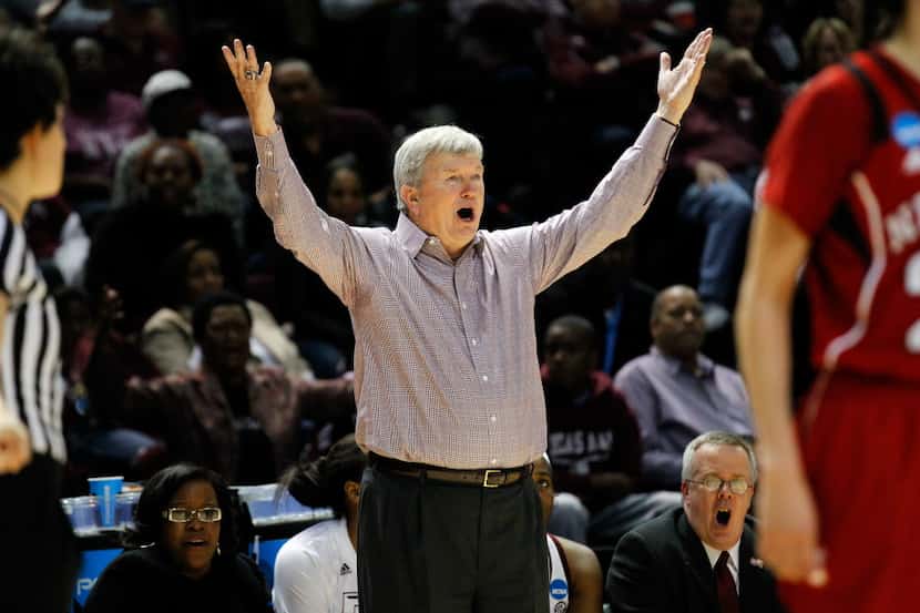 Texas A&M Aggies head coach Gary Blair throws up his hands at an officials call late in the...
