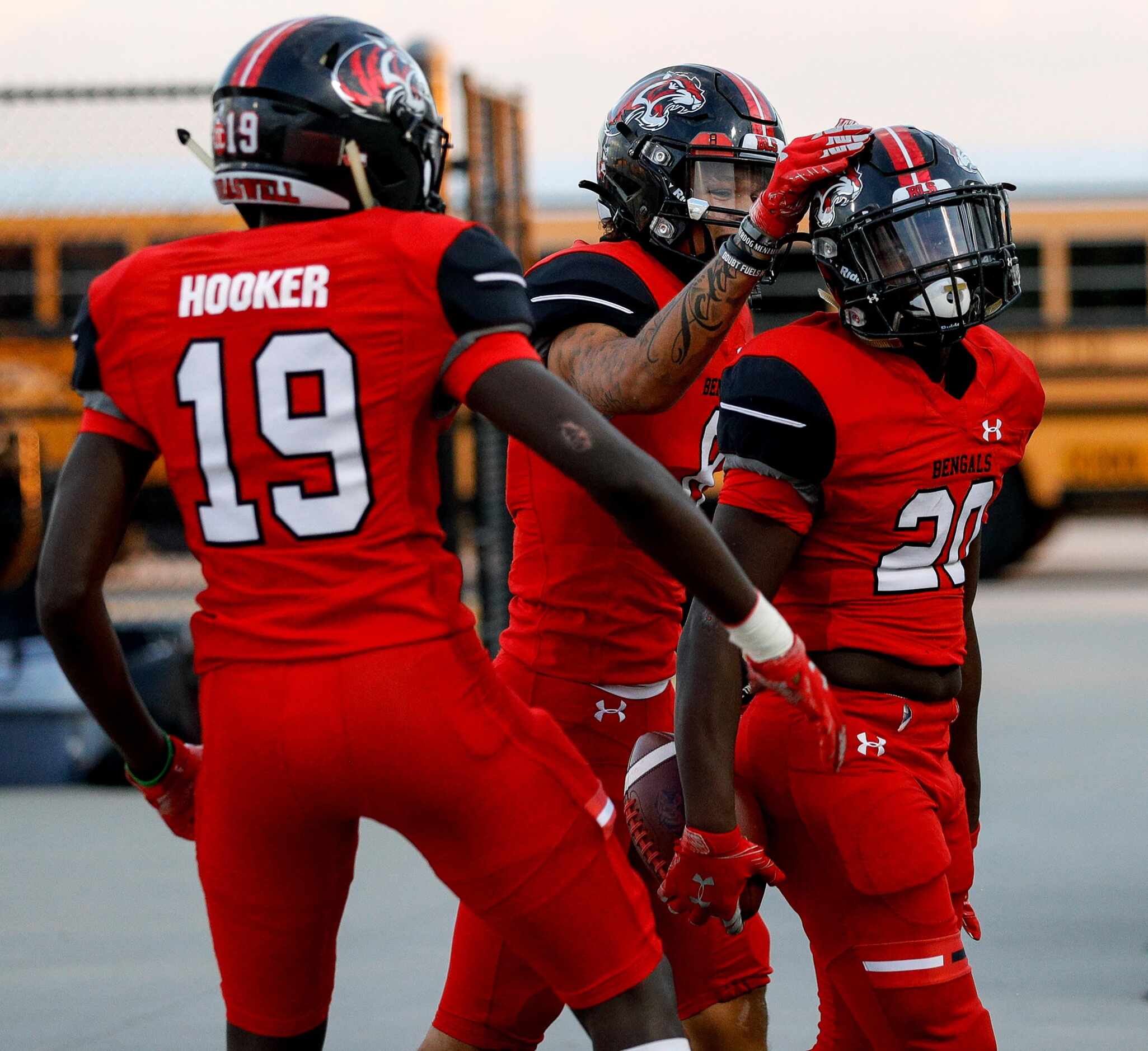 Denton Braswell running back Jaylon Burton (20) celebrates with wide receiver Jaeden Acker...