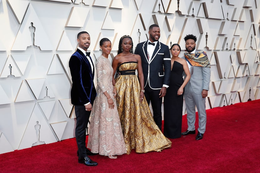 Black Panther cast members (from left) Michael B. Jordan, Letitia Wright,     Danai Gurira,...