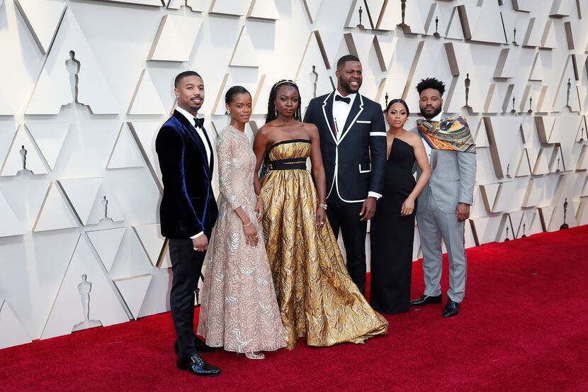 Black Panther cast members (from left) Michael B. Jordan, Letitia Wright,     Danai Gurira,...