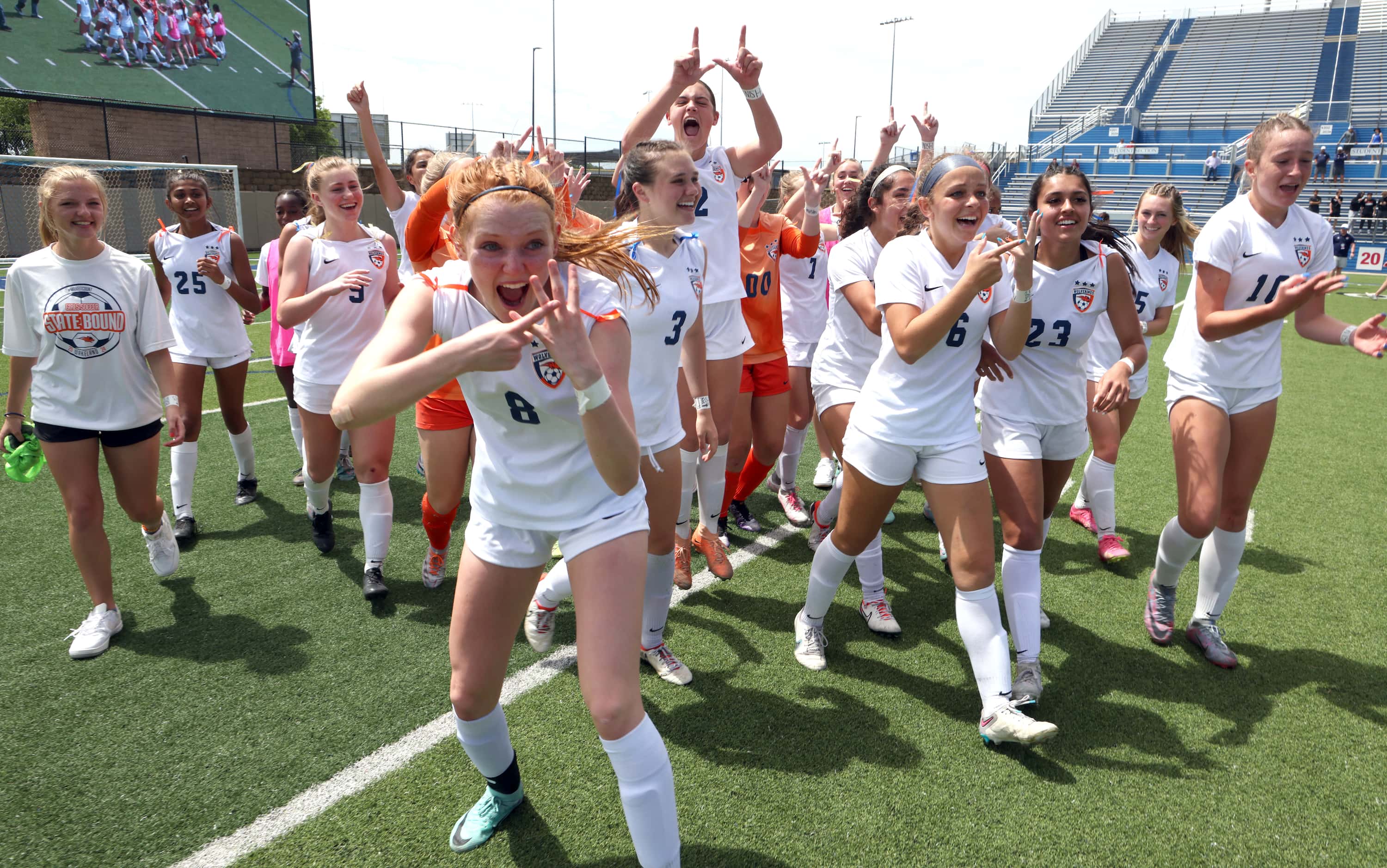  Frisco Wakeland players celebrate after their 3-2 victory over Colleyville Heritage to...