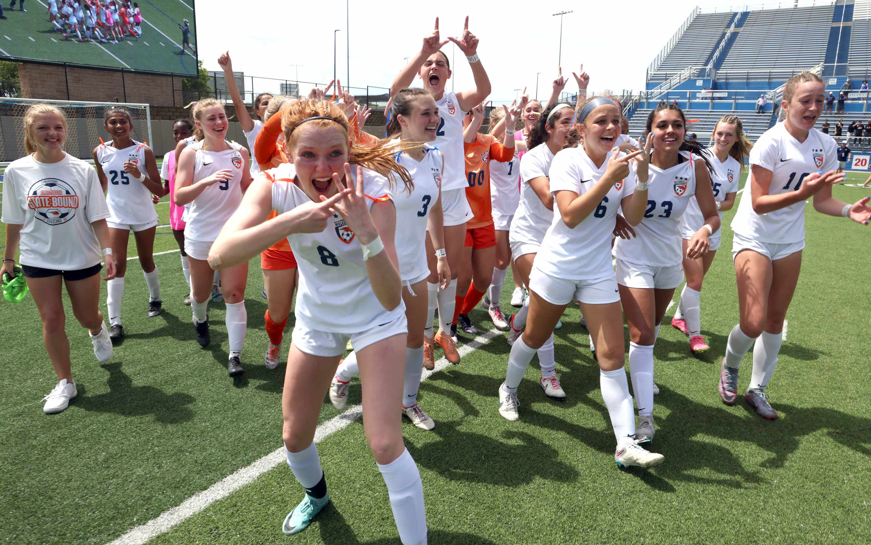  Frisco Wakeland players celebrate after their 3-2 victory over Colleyville Heritage to...
