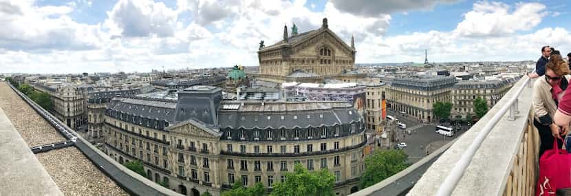 A panoramic view of Paris taken from the roof of Galeries Lafayette department store on...