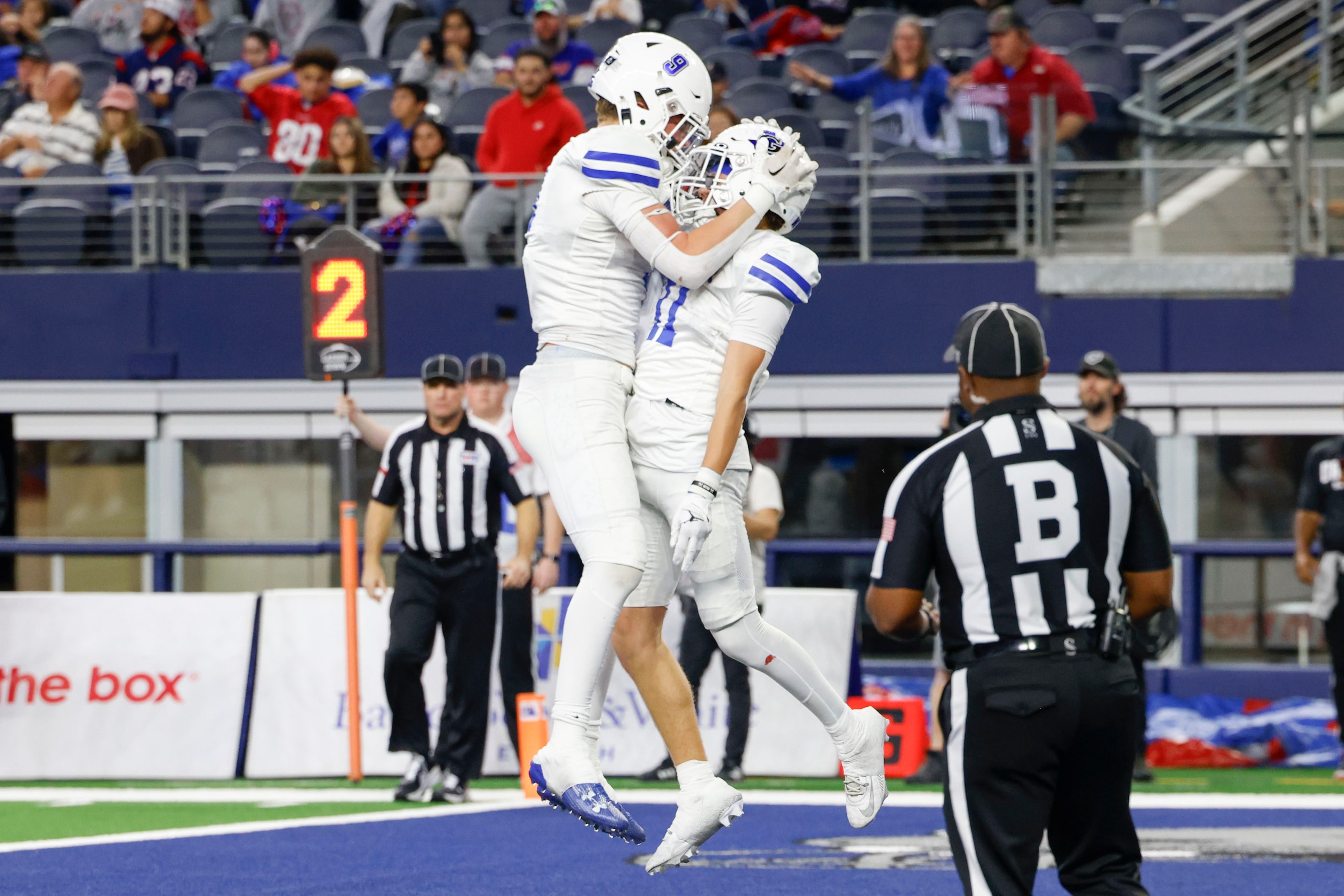 Gunter High’s Cole Harpole (left) and Brock Boddle celebrate a touchdown against El Maton...