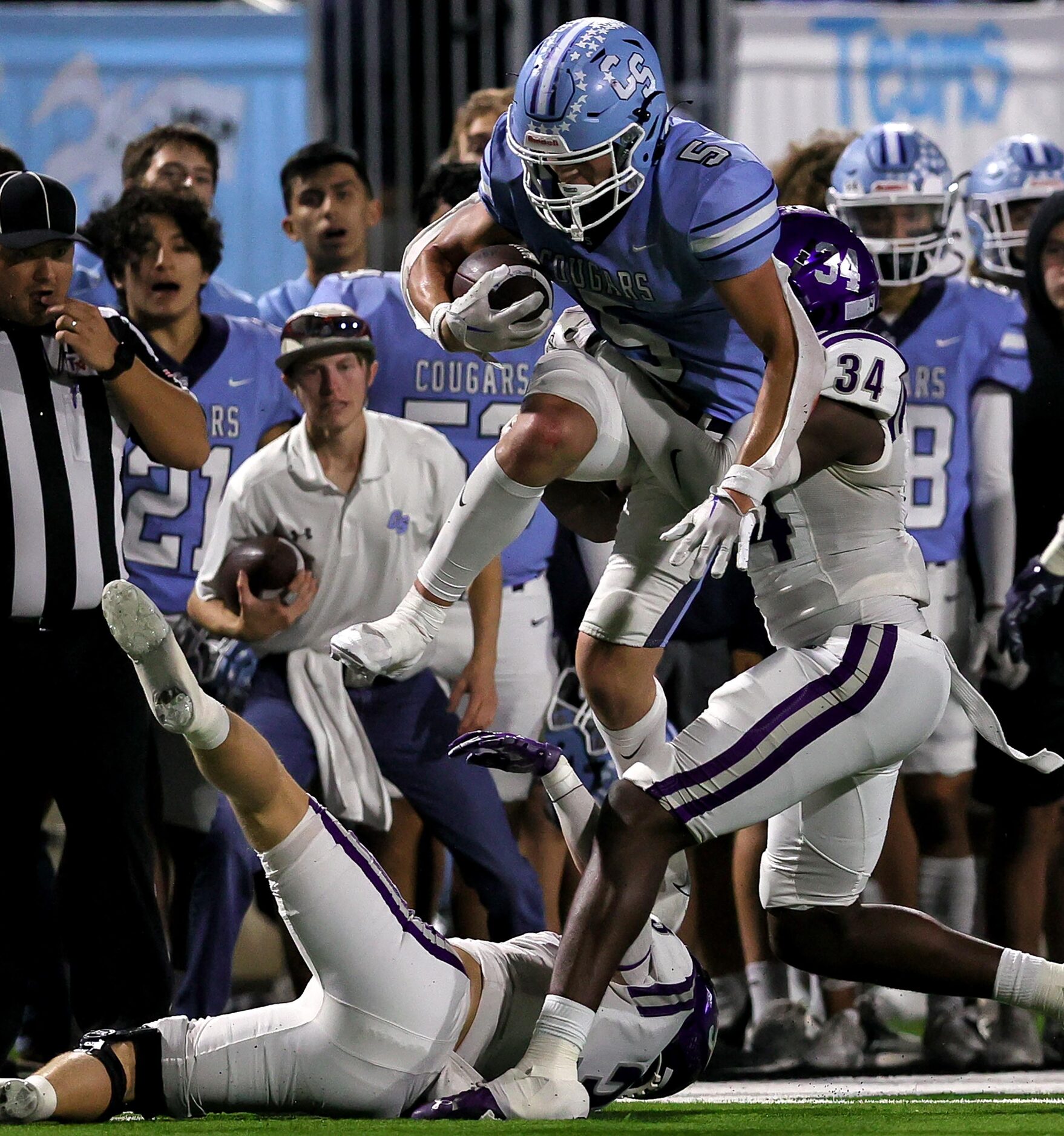 China Spring wide receiver Tristan Exline (5) jumps up after make a reception against Anna...