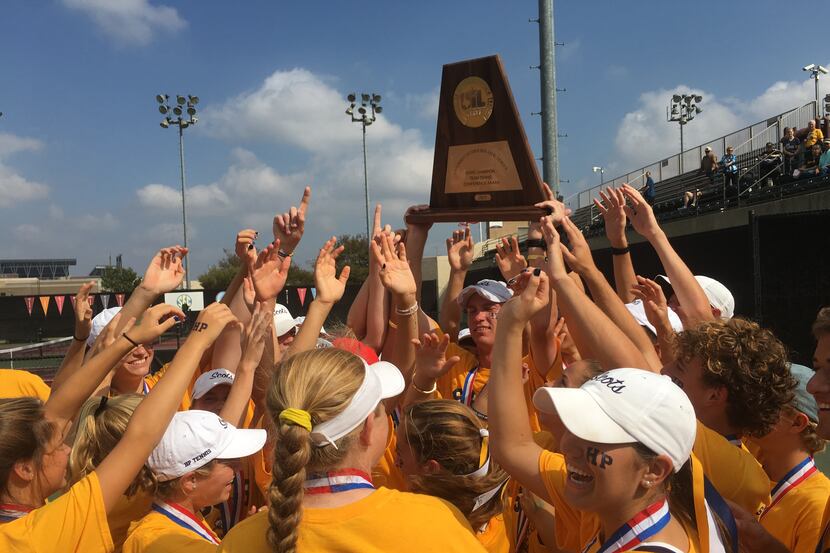 Highland Park tennis celebrates its 18th state championship after beating Amarillo, 10-2, on...