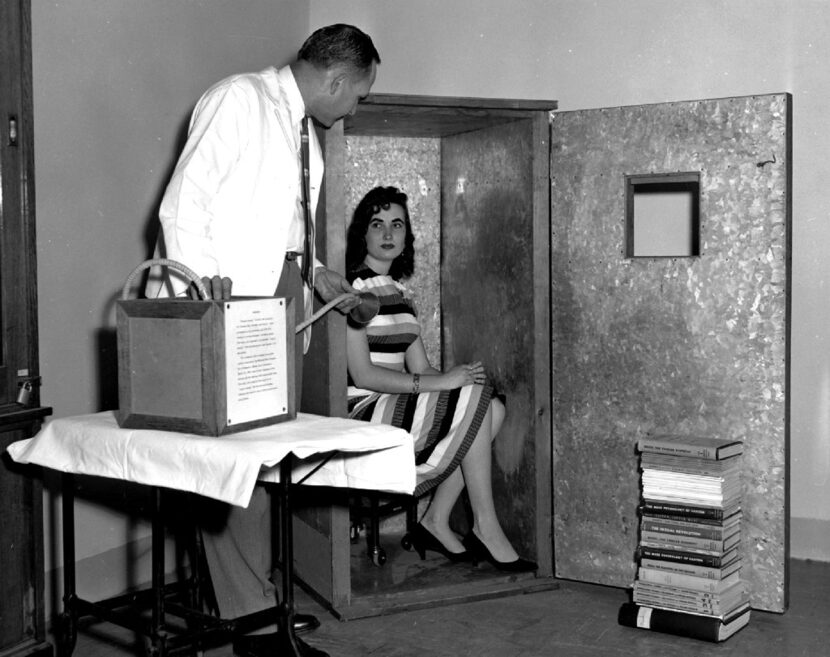 A woman sits in an orgone accumulator, designed by Wilhelm Reich to channel the omnipresent...