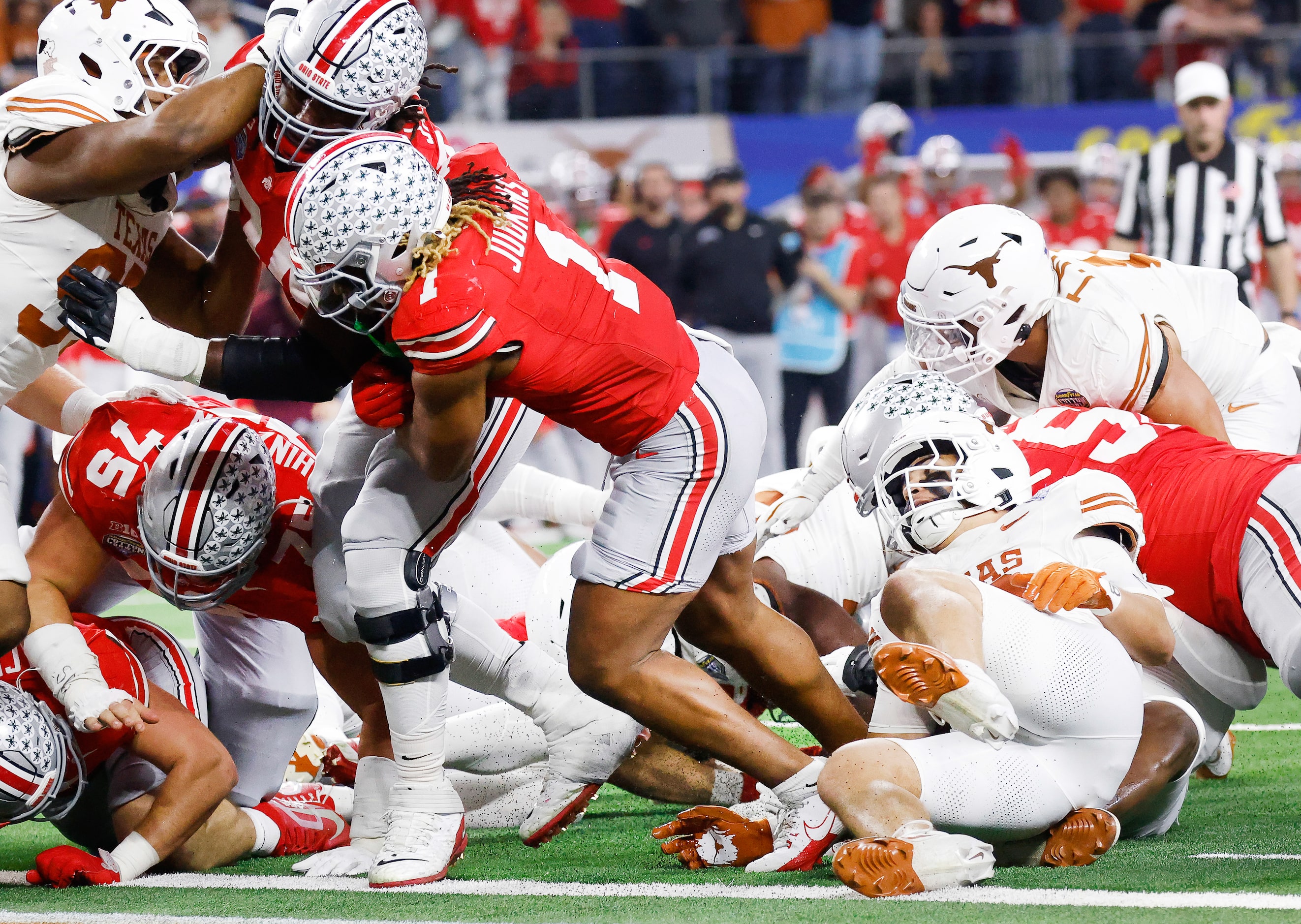 Ohio State Buckeyes running back Quinshon Judkins (1) scores a fourth quarter touchdown ...