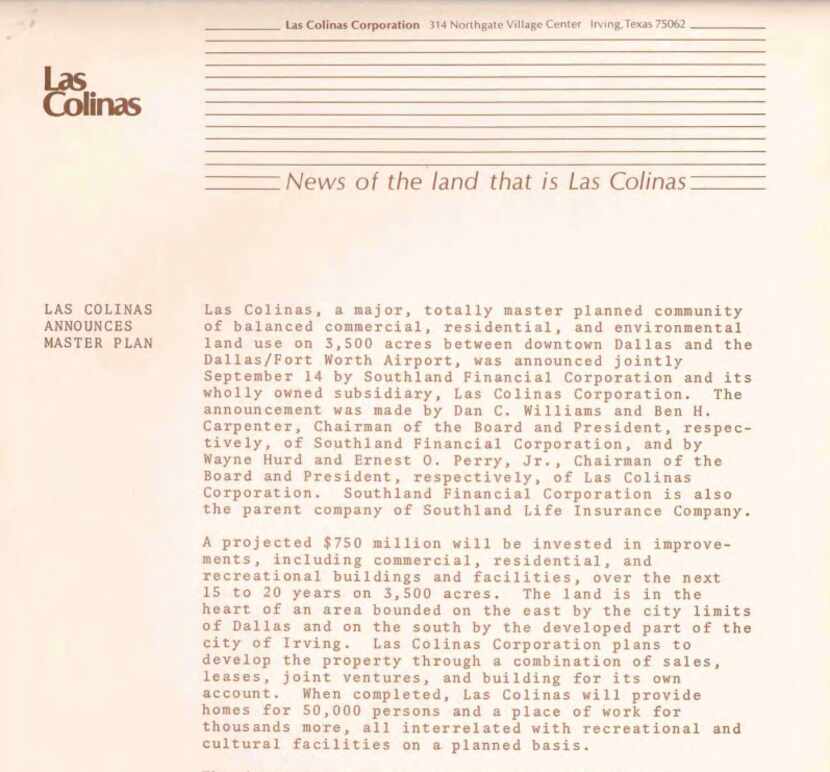 The original announcement of Las Colinas was made on Sept. 14, 1973.
