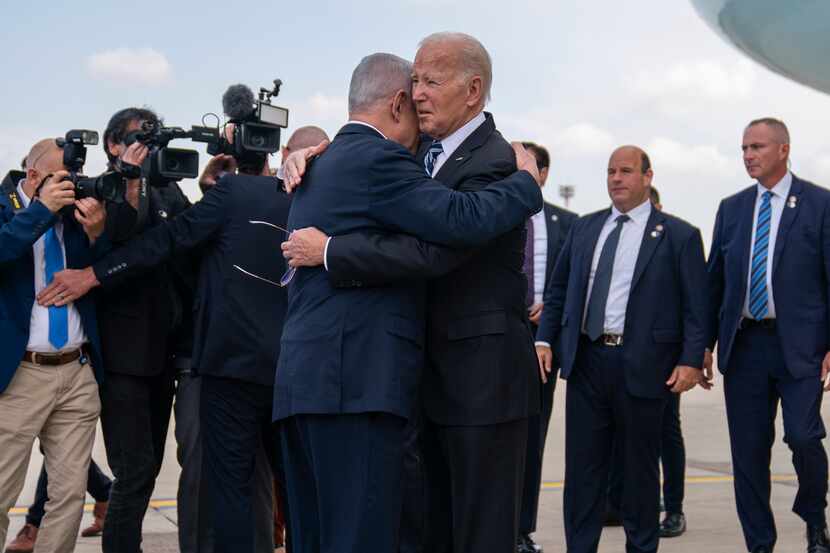 President Joe Biden is greeted by Israeli Prime Minister Benjamin Netanyahu after arriving...