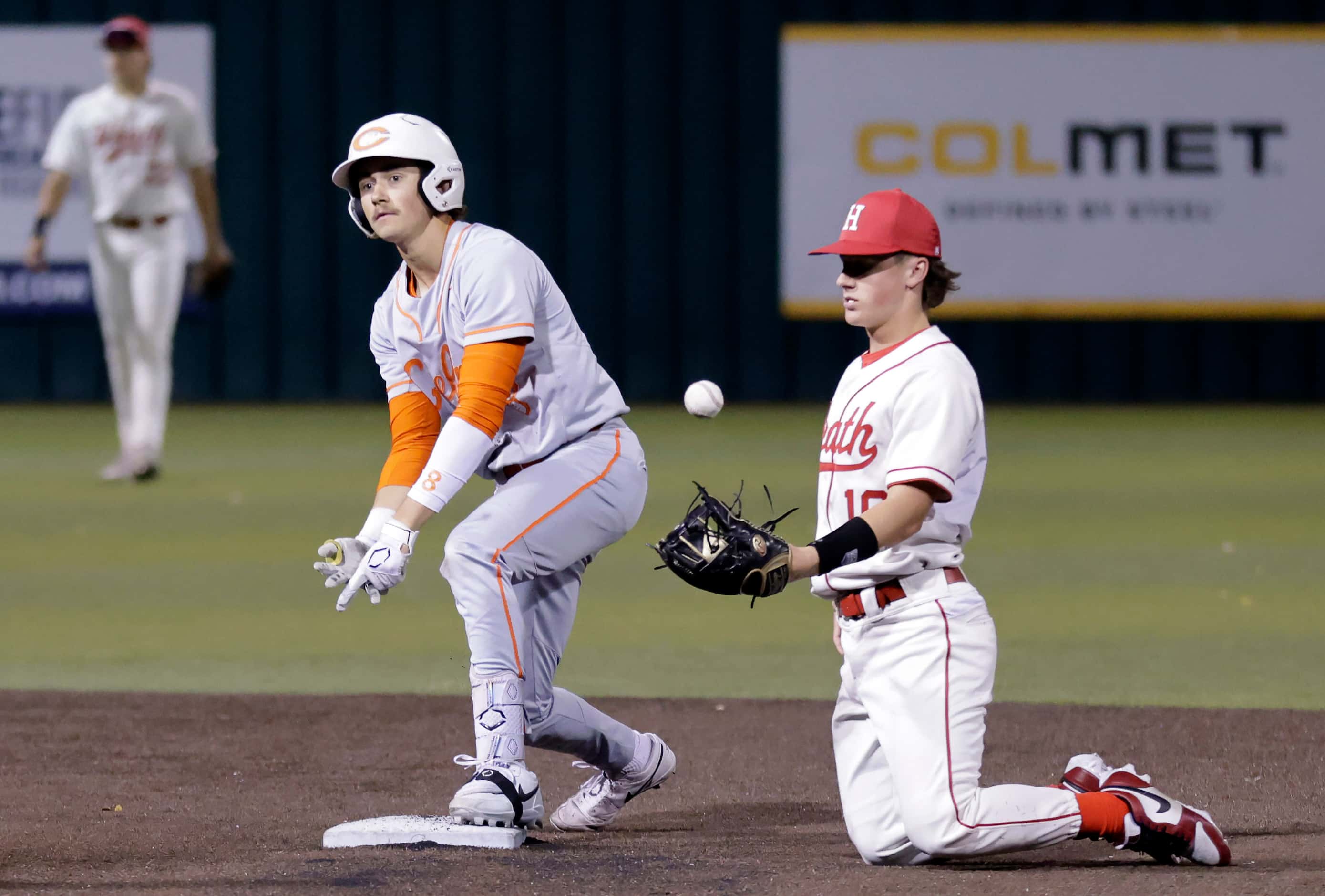 Celina High’s Major Brignon (8) reacts at second base after sliding safely on a double...