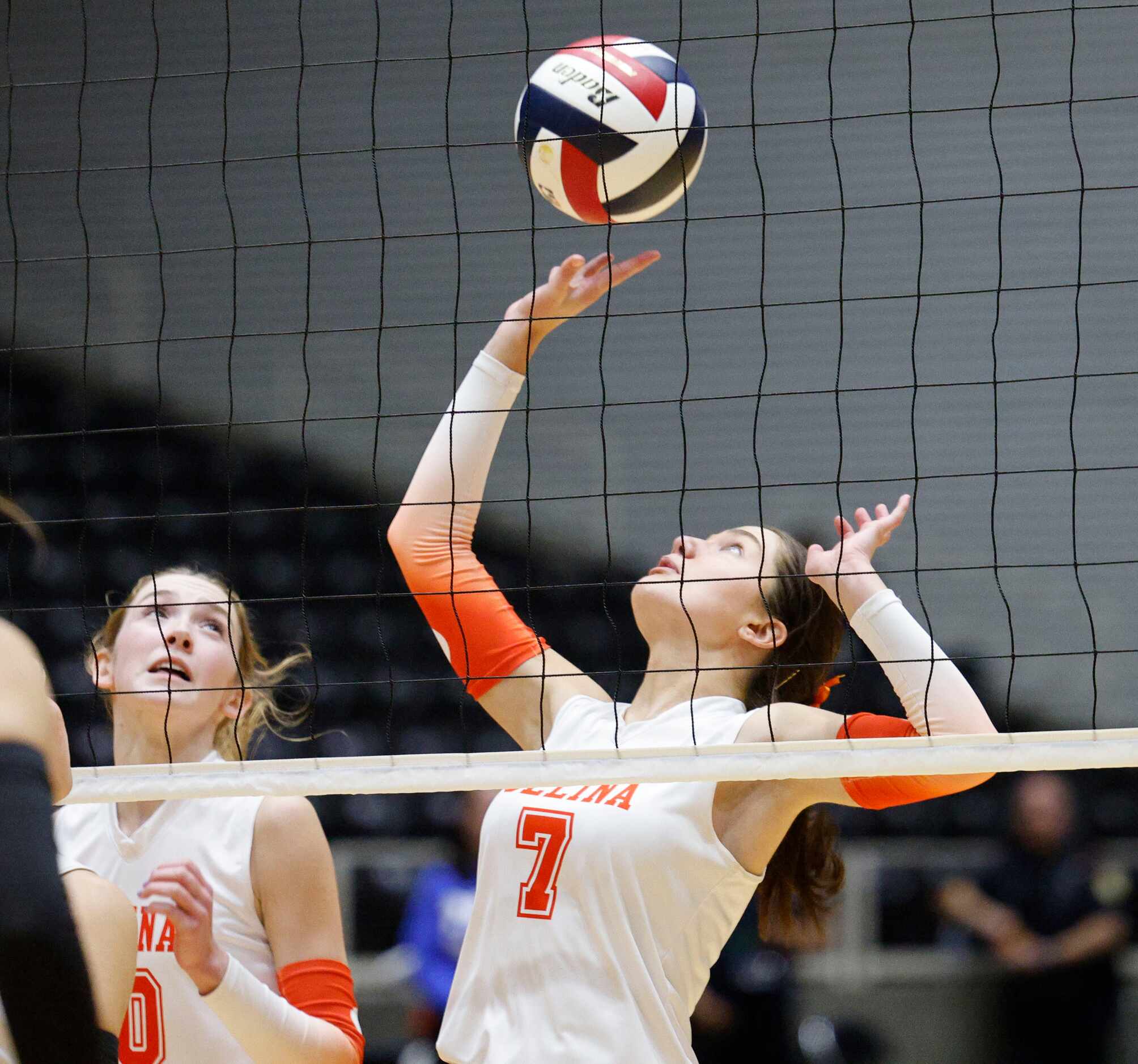 Celina's Ryan McCoy (7) tries for a save as Celina's Ashley Woodrum (10) looks on during a...