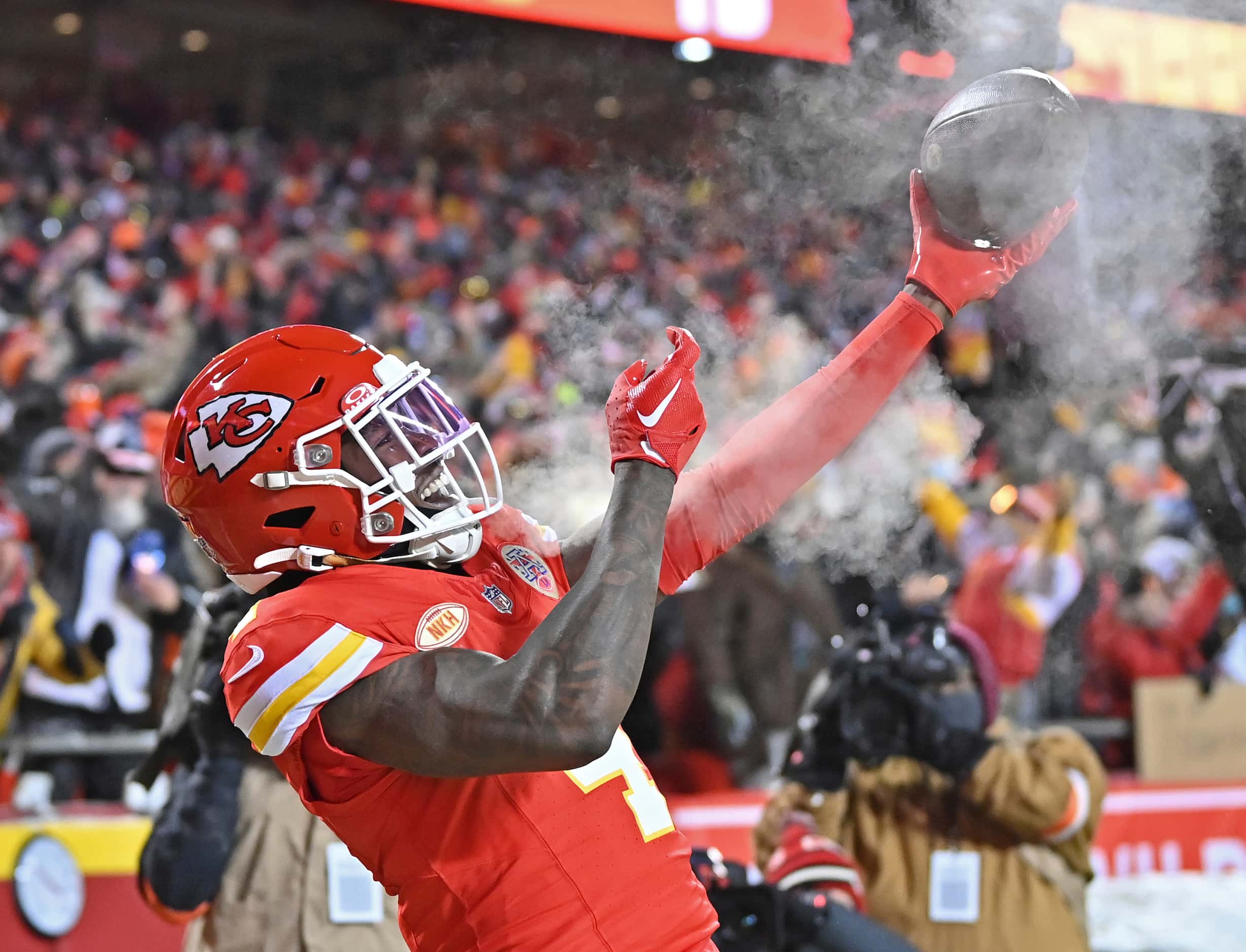 Kansas City Chiefs wide receiver Rashee Rice (4) celebrates after scoring a touchdown during...