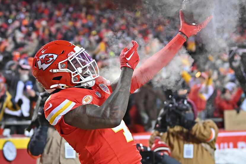 Kansas City Chiefs wide receiver Rashee Rice (4) celebrates after scoring a touchdown during...