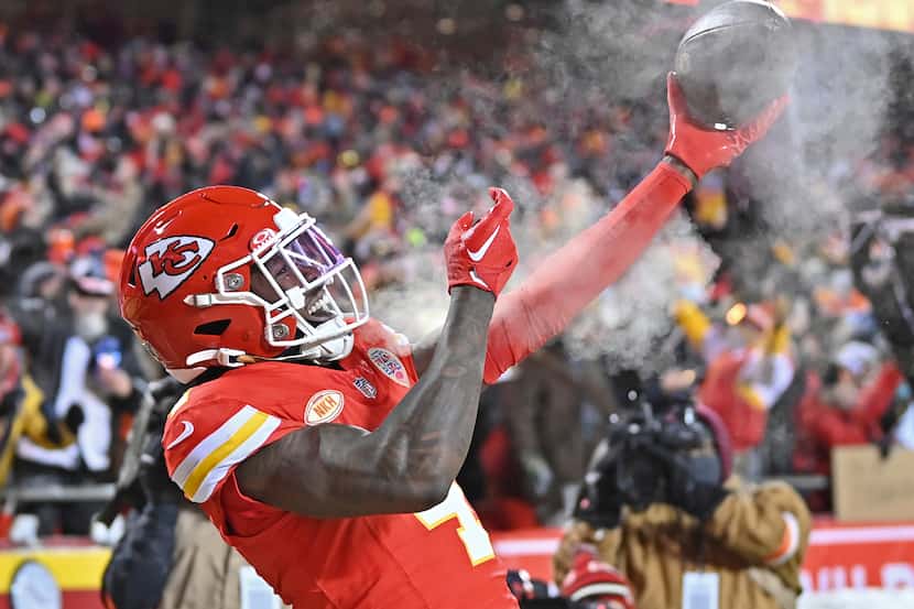 Kansas City Chiefs wide receiver Rashee Rice (4) celebrates after scoring a touchdown during...
