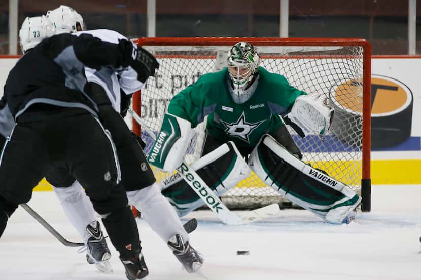 Dallas Stars goalie Jack Campbell (#1) eyes the puck during the second day of Dallas Stars...