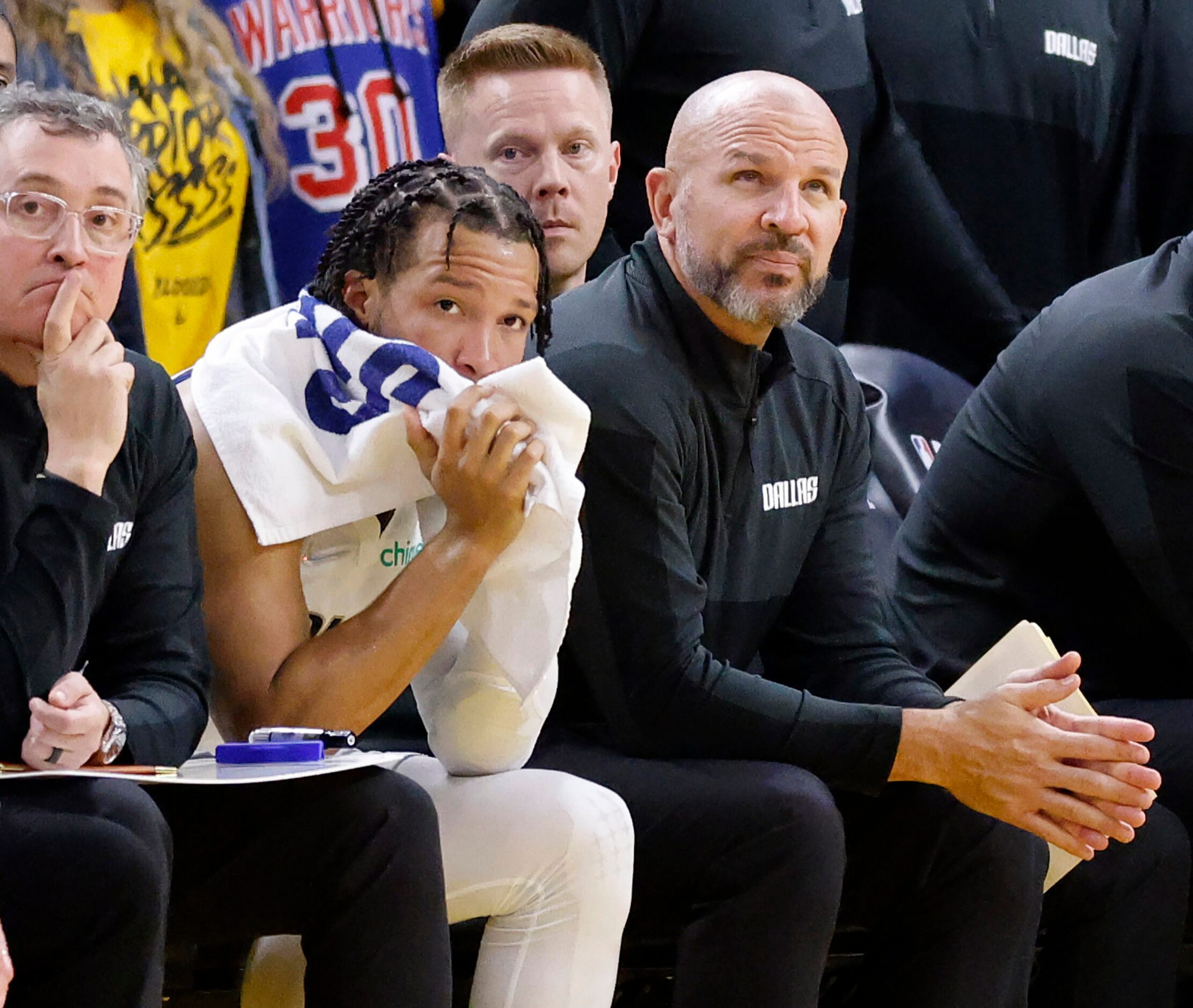 Dallas Mavericks head coach Jason Kidd (right) and guard Jalen Brunson can only watch late...