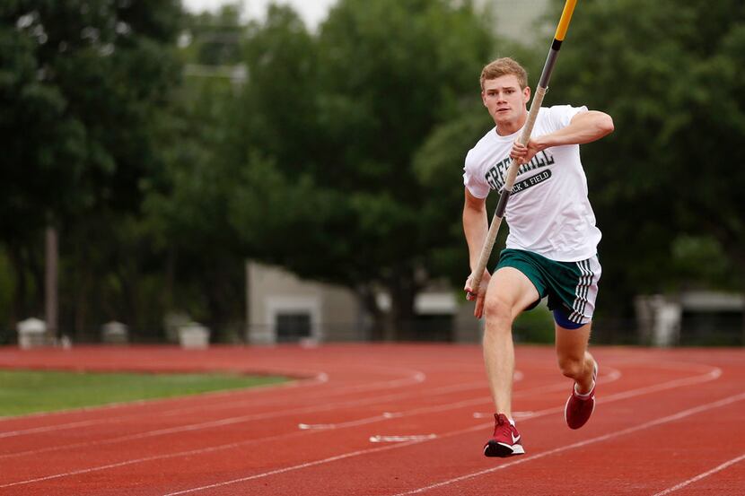 Greenhill's J.T. Herrscher, pictured at practice on Wednesday, won the boys pole vault at...