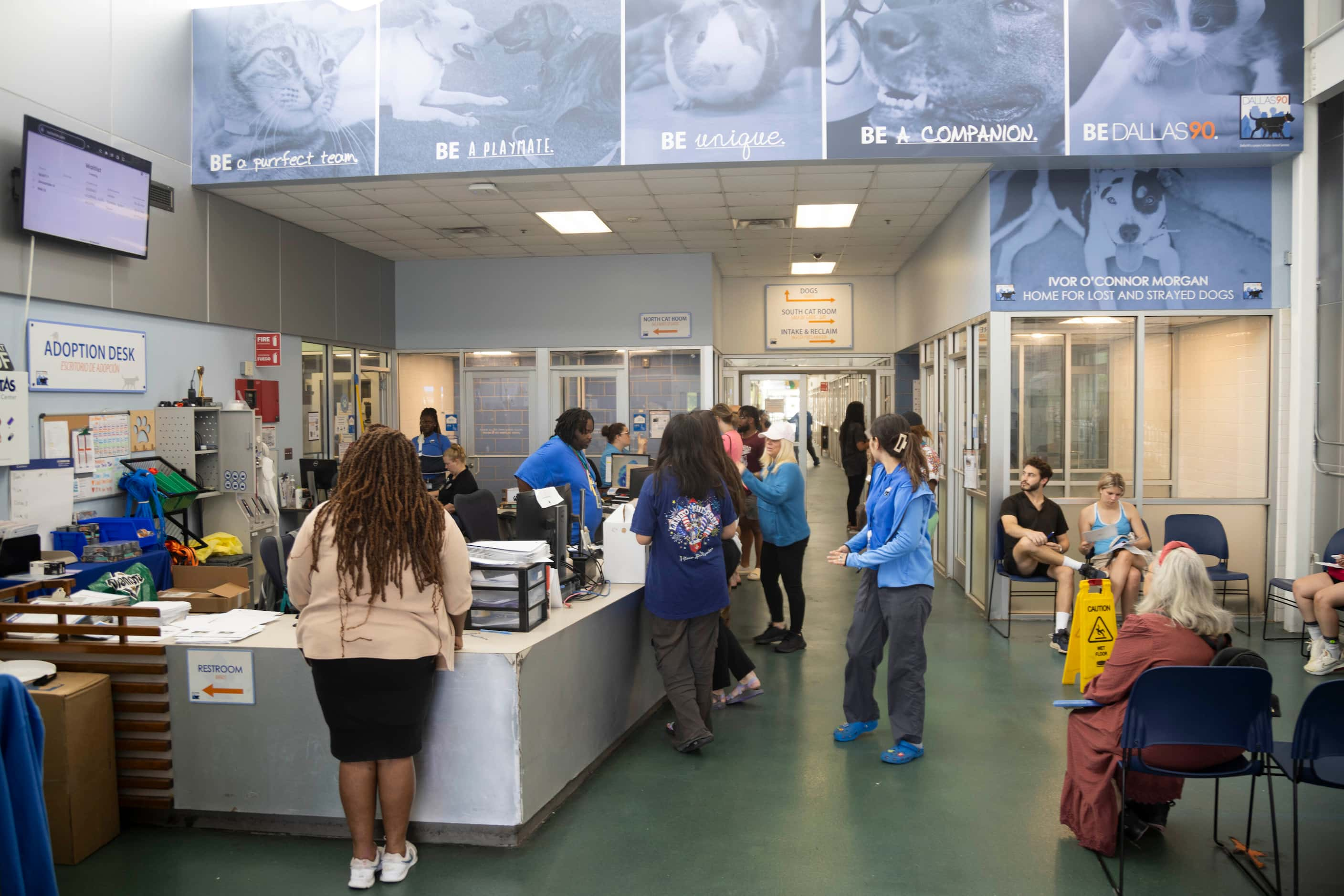 People wait in the lobby during the Dog Days of Summer event at Dallas Animal Services in...